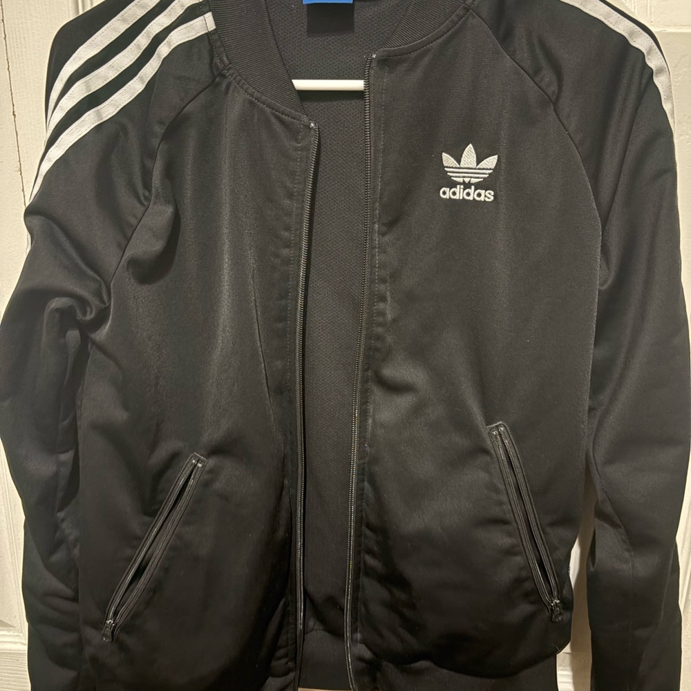 Adidas Men's Black Bomber Jacket with White Stripes